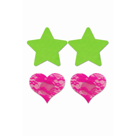 Set caches-tétons étoile vert fluo et coeur rose fluo